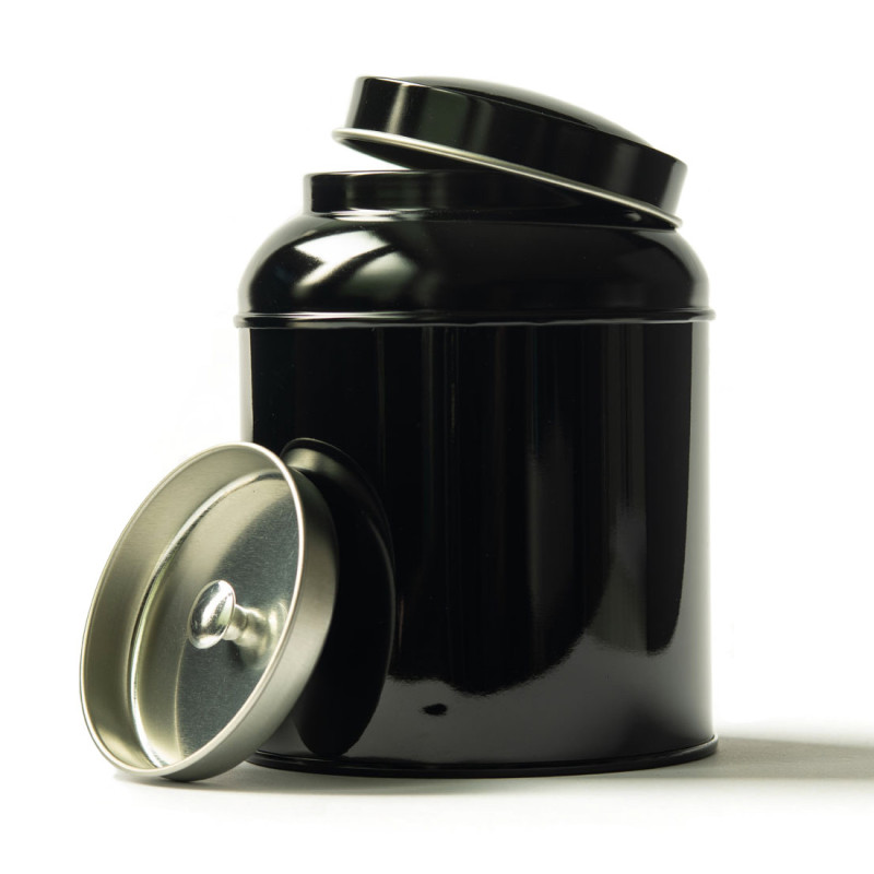 schwarze Metalldose für Schwarztee mit abnehmbarem Deckel