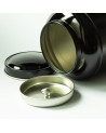 Black metal tin open for black tea with airtight inner lid