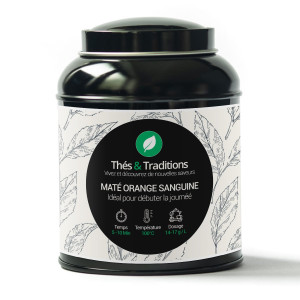 Box of blood orange mate Thés et Traditions with infusion instructions and leaf decoration