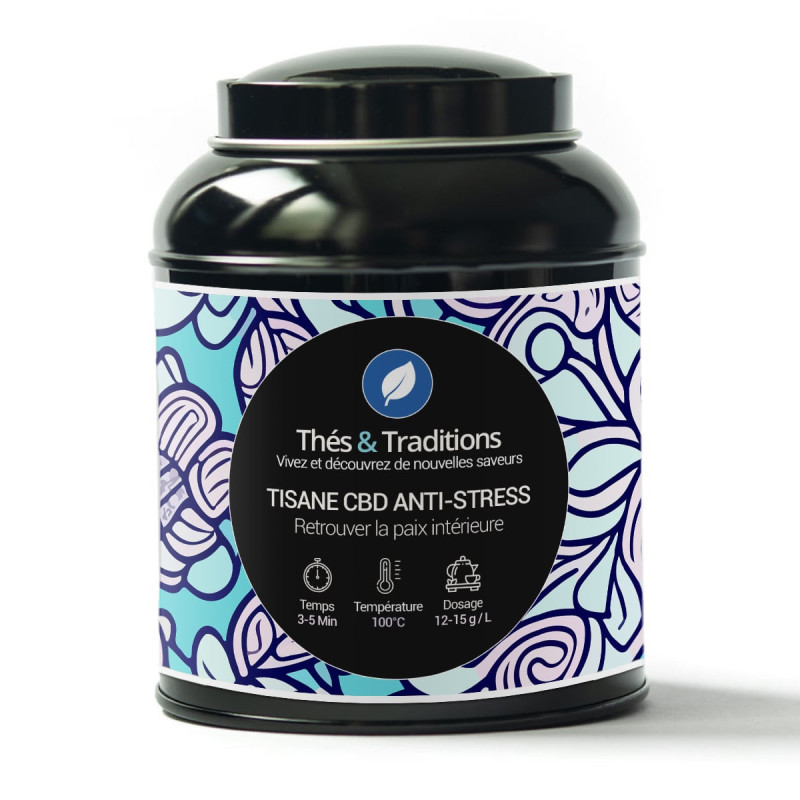 Thés et Traditions anti-stress CBD herbal tea box with blue and purple patterns