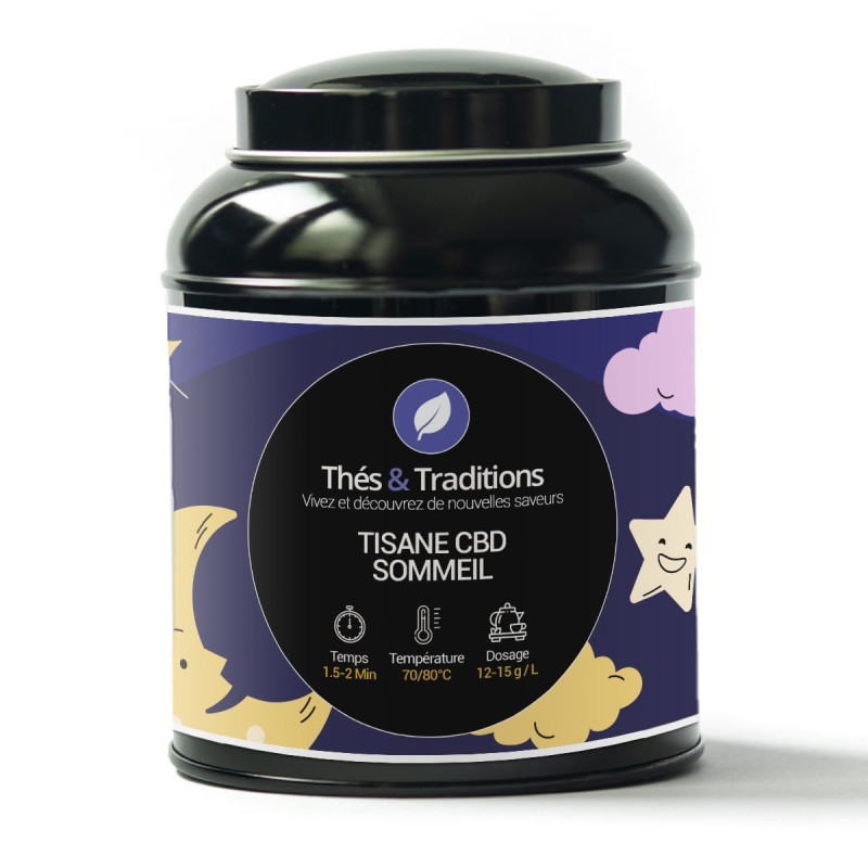 Thés et Traditions CBD sleep herbal tea box with moon and star illustrations and brewing instructions