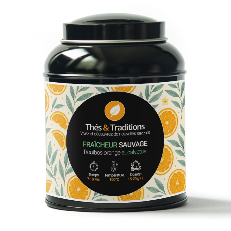 Boîte de rooibos fraîcheur sauvage orange eucalyptus Thés et Traditions avec illustrations d'agrumes et feuilles