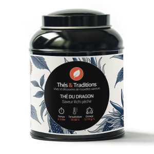 Boîte de thé blanc du Dragon saveur litchi pêche Thés et Traditions avec motifs floraux bleus