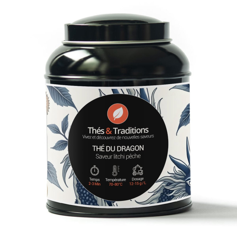 Scatola di tè bianco del Drago gusto litchi pesca Thés et Traditions con motivi floreali blu