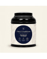Runde schwarze Teedose mit Weißtee Anji Bai Cha 1st Grade von Thés & Traditions, cremefarbenes Etikett mit Blattmotiv und Medail