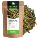 Japanese Bancha green tea in leaves kraft bag with green and white label