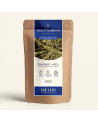 Wiederverschließbarer Kraftpapier-Teebeutel mit Japanischem Grüntee Bancha, dunkelblauem und goldenem Etikett von Thés & Traditi