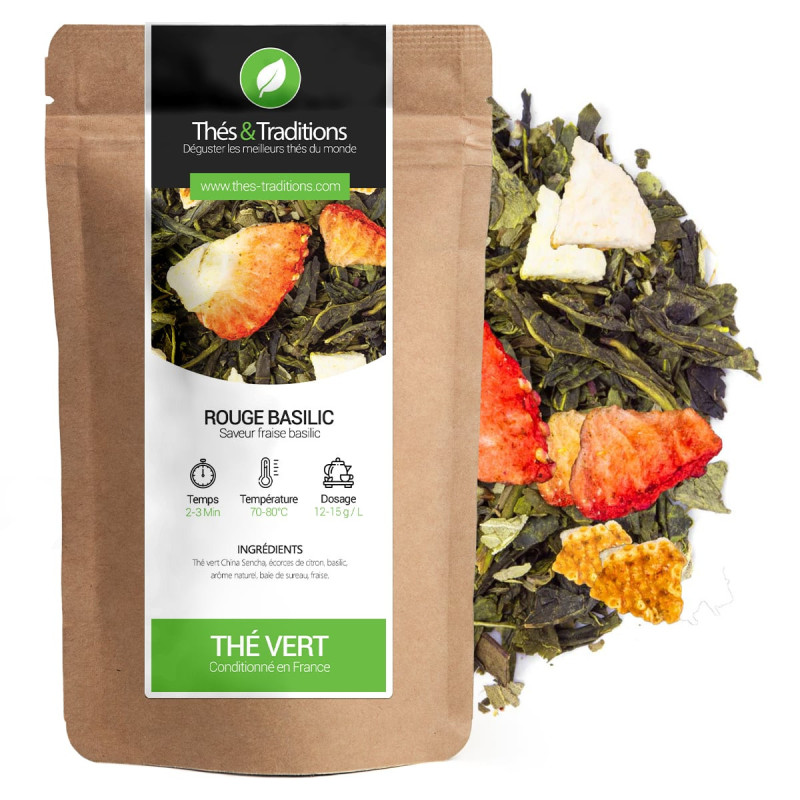 Tè verde rosso basilico Thés et Traditions sacchetto kraft con pezzi di frutta secca e foglie di tè verde