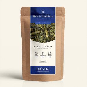 Wiederversiegelbarer Kraftpapierbeutel mit Japanischem Grüntee Sencha, Etikett in Marineblau und Gold von Thés & Traditions, Fen