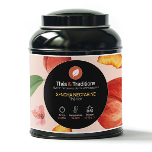 Scatola di tè verde Sencha nettarina Thés et Traditions con illustrazioni di nettarine e fiori