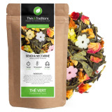 Sencha nectarine peach green tea kraft bag and tea leaves with colorful flowers