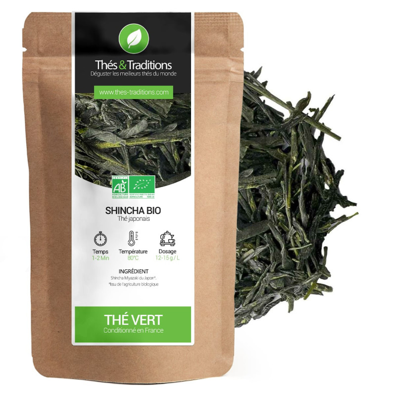 Groene thee Shincha Miyazaki bio kraft zakje met losse Japanse groene theebladeren