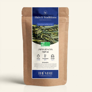 Wiederverschließbarer Kraftpapierbeutel mit Grünem Tee Japan Sencha Mizuki, dunkelblau-goldenes Etikett von Thés & Traditions, S