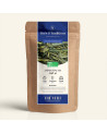 Wiederverschließbarer Kraftpapierbeutel mit Grünem Tee Japan Sencha Mizuki, dunkelblau-goldenes Etikett von Thés & Traditions, S