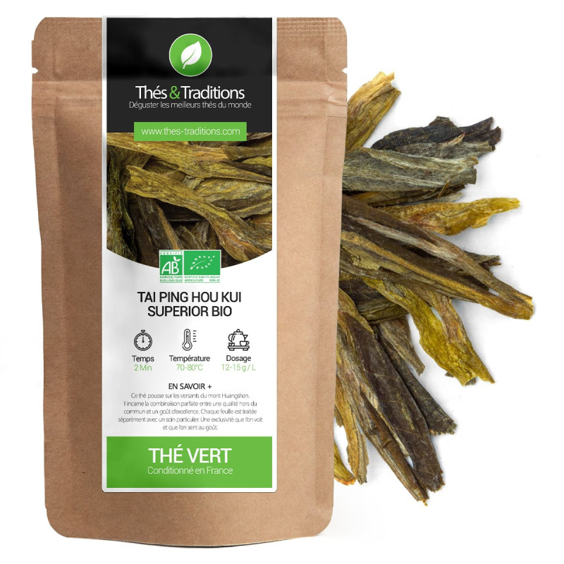 Tai Ping Hou Kui Superior organic green tea in kraft bag with long flat leaves