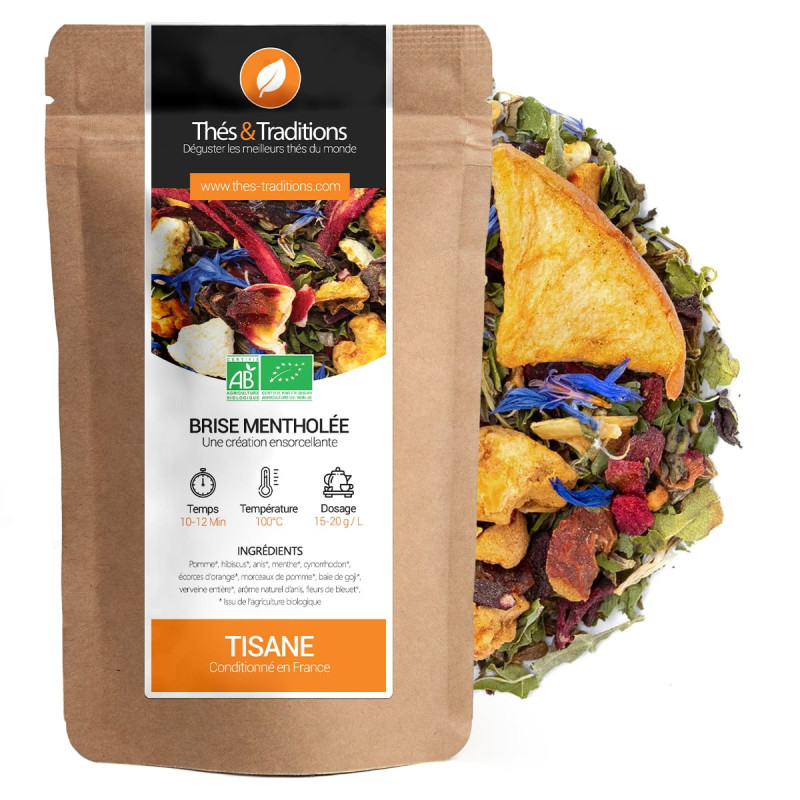 Menthol Breeze Herbal Tea kraft bag with dried plant blend apple hibiscus mint cornflower petals