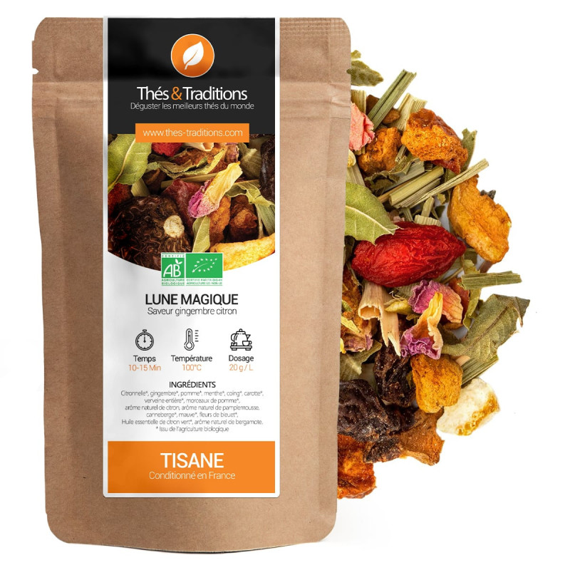 Lune Magique herbal tea organic blend of dried plants ginger lemon packaged in kraft bag