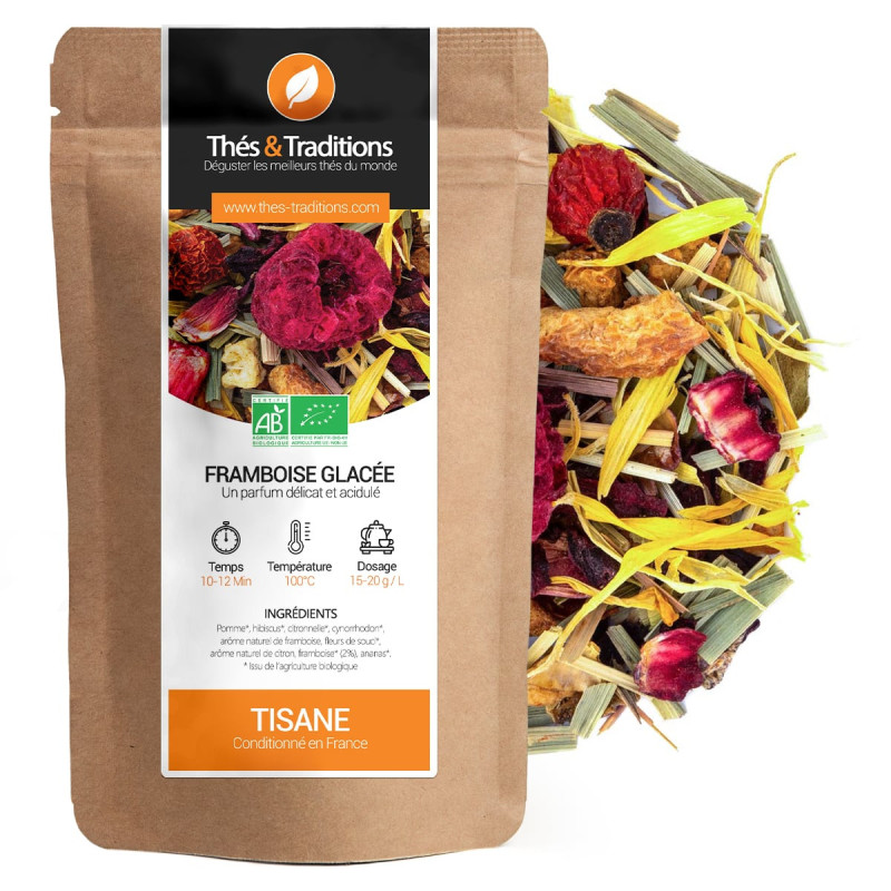 Tisane Framboise glacée sachet kraft avec mélange de plantes et fruits séchés bio Thés et Traditions
