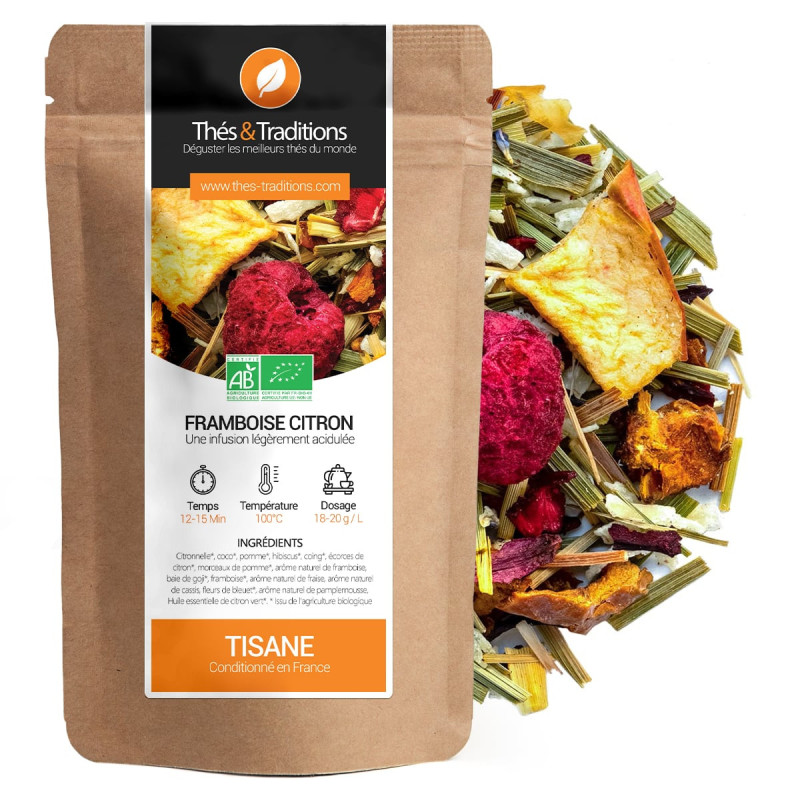 Tisane framboise citron bio sachet kraft ingrédients naturels fruits séchés et herbes