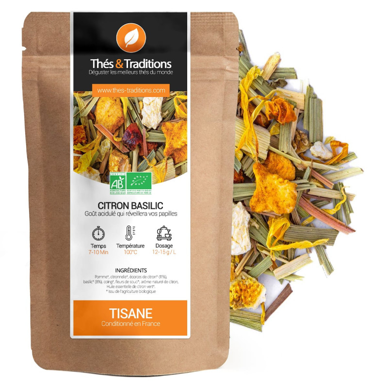 Tisana limone basilico bio sacchetto kraft con pezzi di piante essiccate colorate