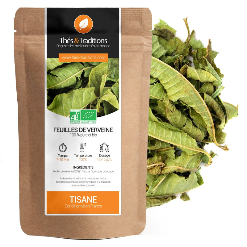Feuilles de verveine séchées tisane bio conditionnées en sachet kraft Thés et Traditions
