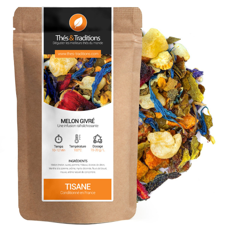 Tisana Melone Ghiacciato sacchetto kraft con miscela di erbe fiori e frutta secca colorata