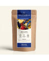Verschließbarer Kraftbeutel mit Kräutertee Gefrorene Melone, Etikett in Marineblau und Gold von Thés & Traditions, Fenster zeigt