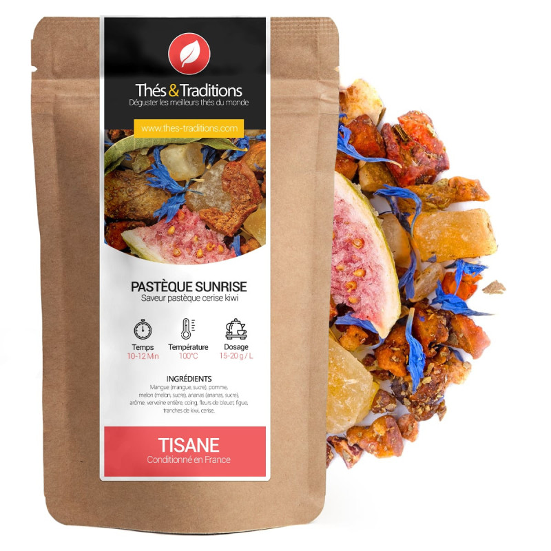 Watermelon Sunrise Herbal Tea kraft bag with dried fruit blend and blue petals