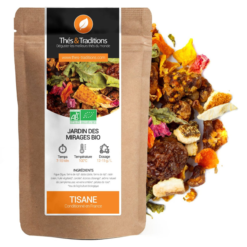 Organic Jardin des Mirages herbal tea kraft bag with colorful dried fruit and plant blend