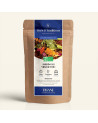 Wiederverschließbarer Kraftpapierbeutel mit Bio-Kräutertee Garten der Wunder, Etikett in Marineblau und Gold von Thés & Traditio
