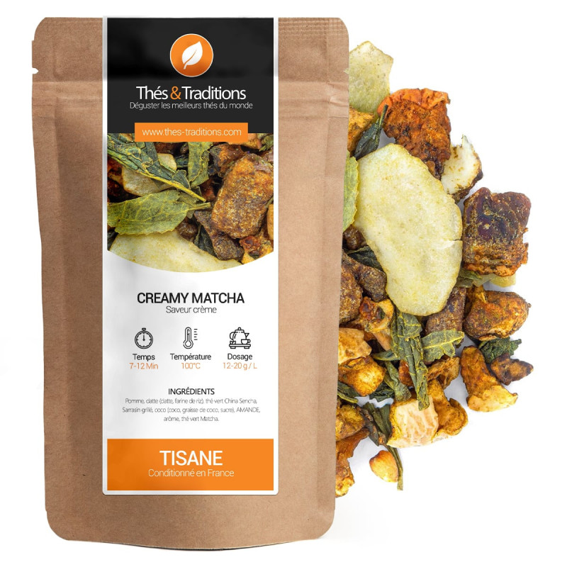 Creamy Matcha Herbal Tea cream flavor kraft bag ingredients apple date green tea buckwheat almond