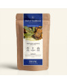 Wiederverschließbarer Kraftpapierbeutel mit Kräutertee Creamy Matcha, Etikett in Marineblau und Gold von Thés & Traditions, Fens