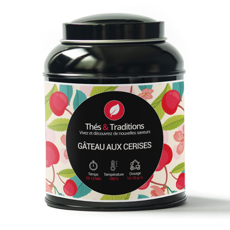 Cherry cake herbal tea box Thés et Traditions with cherry and leaf illustrations