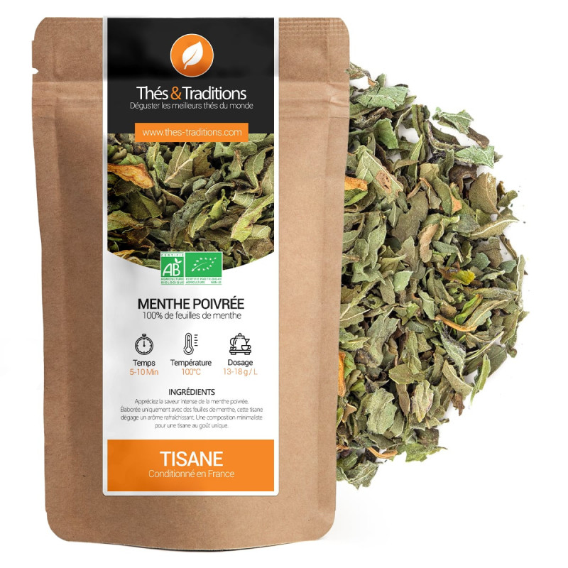 Peppermint herbal tea organic dried leaves kraft bag Thés et Traditions packaged in France