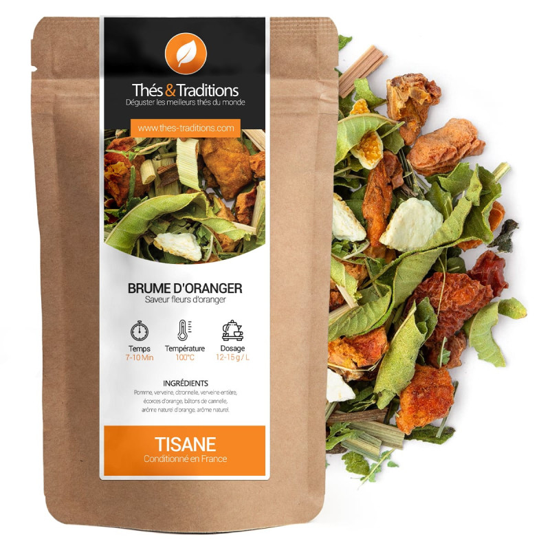 Tisane Brume d'Oranger sachet kraft feuilles et morceaux d'écorces d'orange et plantes séchées