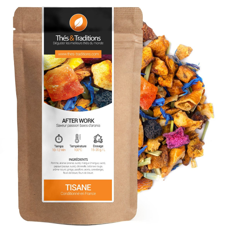 After Work Herbal Tea passion flavor with aronia berries kraft bag and colorful dried fruit blend