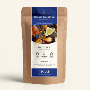 Verschließbarer Kraftpapierbeutel mit Kräutertee Fruity Juice, dunkelblau-goldenes Etikett von Thés & Traditions, mit Sichtfenst