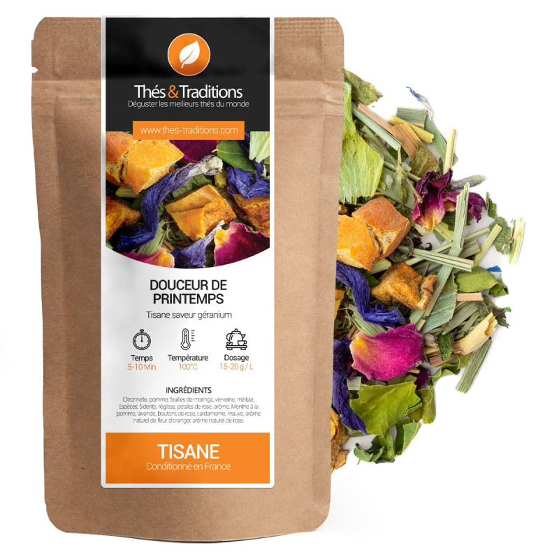 Kruidenthee douceur de printemps Thés et Traditions mengsel van gedroogde kruiden en bloemen voor infusie