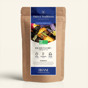 Wiederverschließbarer Kraftpapier-Beutel mit Kräutertee Waldspaziergang, Etikett in Marineblau und Gold von Thés & Traditions, S