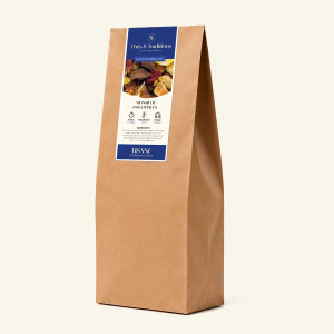 Großer Kraftpapierbeutel mit loser Kräutertee Monsieur Lebkuchen im Kilo-Format, Etikett in Marineblau von Thés & Traditions, Dr