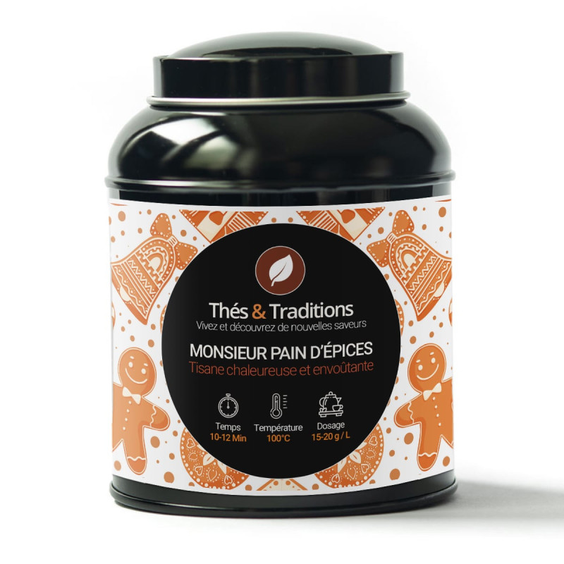 Box of Monsieur Pain d'Épices herbal tea Thés et Traditions decorated with gingerbread men