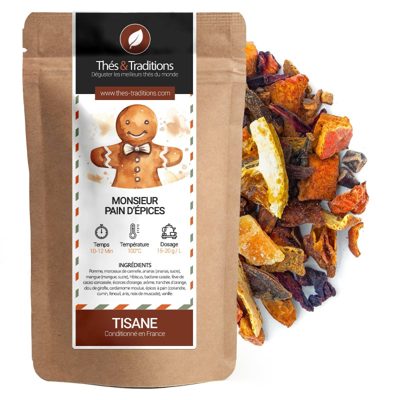 Monsieur Pain d'Épices herbal tea Thés et Traditions kraft bag and blend of spices and dried fruits