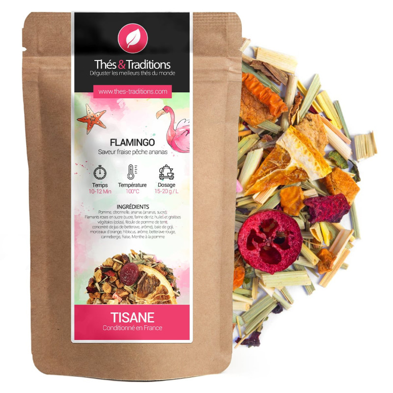 Tisane Flamingo saveur fraise pêche ananas sachet kraft avec mélange de plantes séchées colorées