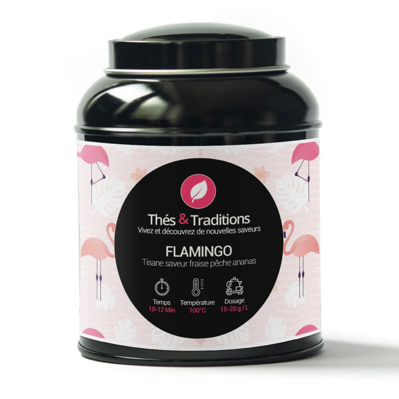 Box of Flamingo herbal tea strawberry peach pineapple flavor with flamingo patterns