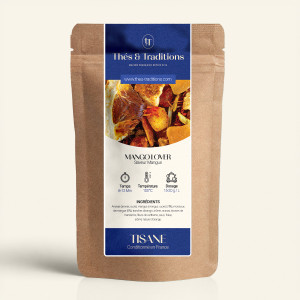 Wiederverschließbarer Kraftpapierbeutel der Kräutertee-Mischung Mango Lover, Etikett in Marineblau und Gold von Thés & Tradition