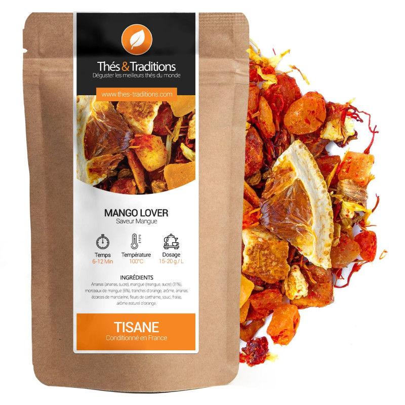 Tisane Mango Lover saveur mangue sachet kraft et mélange de fruits séchés colorés