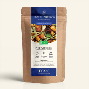 Wiederverschließbarer Kraftpapierbeutel Kräutertee Elixir der Elfen, Etikett in Marinblau und Gold von Thés & Traditions, Fenste