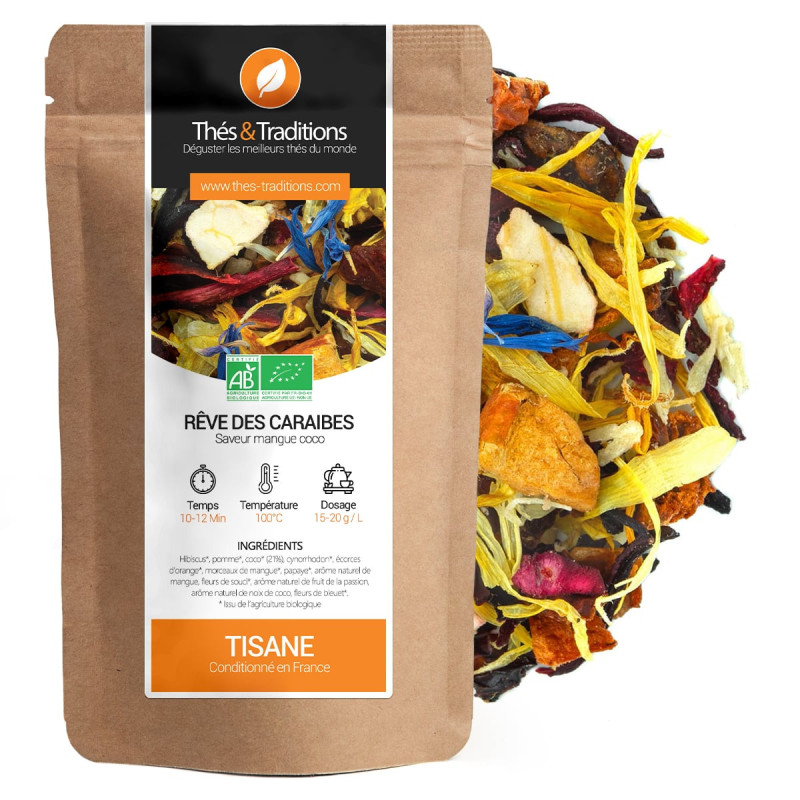 Tisane Rêve des Caraïbes saveur mangue coco sachet kraft et mélange de fleurs et fruits séchés bio