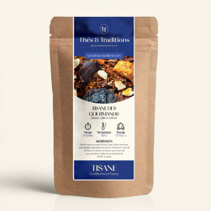 Nachfüllbarer Kraftpapierbeutel der Kräutertee der Feinschmecker, Etikett in Marineblau und Gold von Thés & Traditions, Fenster 