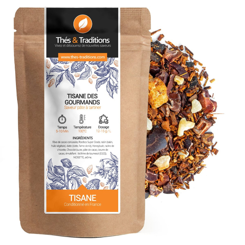 Gourmet herbal tea with hazelnut spread flavor, kraft bag and blend of natural ingredients with chocolate chips and fruits